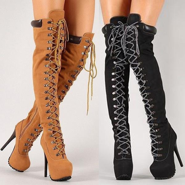 Corashoes Womens Stiletto Heel Lace Up Over The Knee High Boots