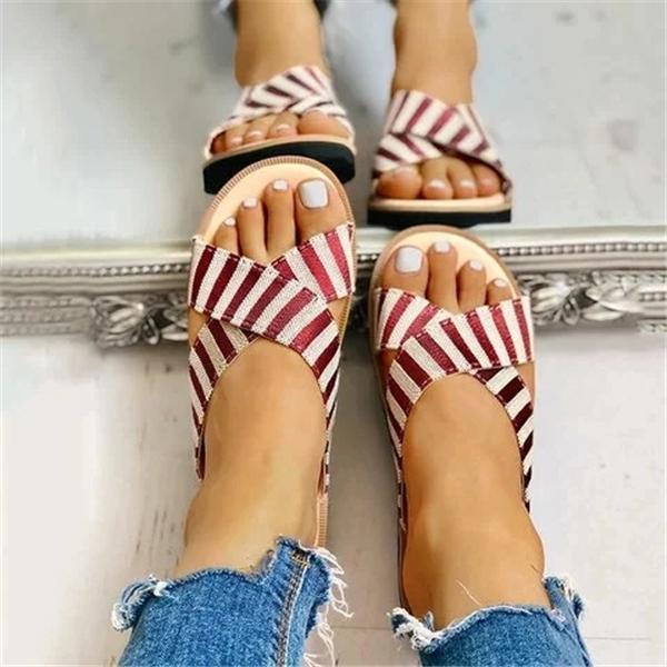 Corashoes Crisscross Design Striped Flat Sandals