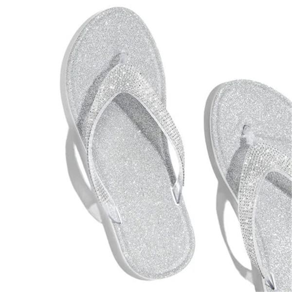 Corashoes Silver Summer Artificial Leather Rhinestone Seaside Slippers