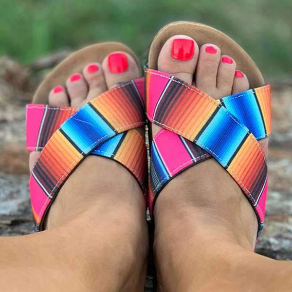 Corashoes Women Fashion Leopard Rainbow Hit Color Slip On Open Toe Platform Slippers