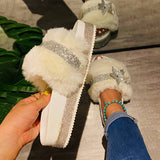 Corashoes Women Gorgeous Puffy Fur Bling Rhinestones Star Open Toe Slip On Slippers