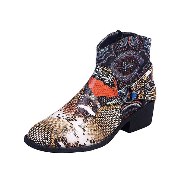 Corashoes Women Chic Snakeskin Characteristic Pattern Mixed Colors Zipper Chunky Heel Boots