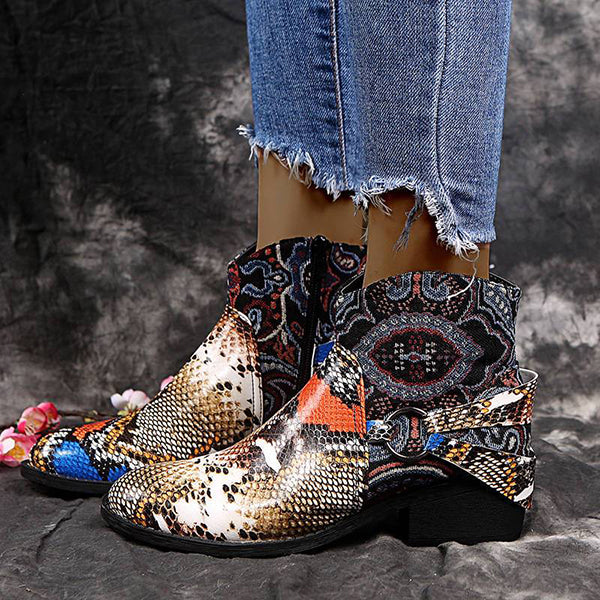 Corashoes Women Chic Snakeskin Characteristic Pattern Mixed Colors Zipper Chunky Heel Boots