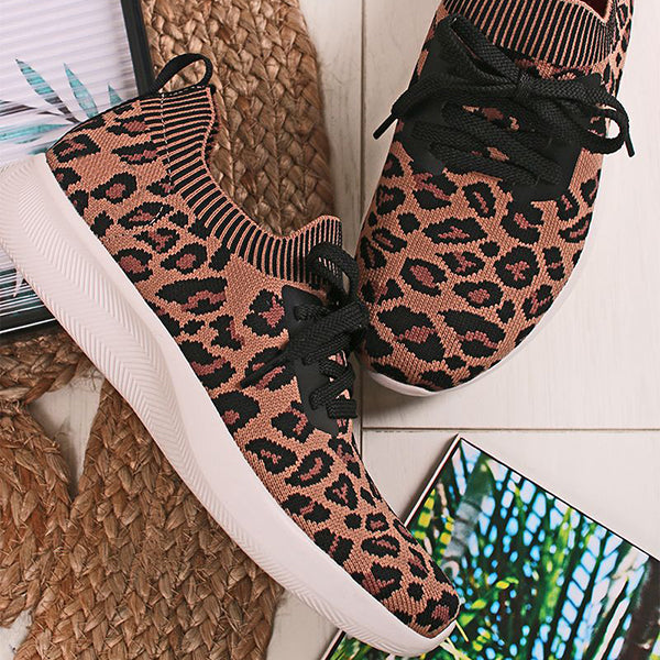 Corashoes Leopard Print Comfortable Lightweight Lace Up Textile Sneakers
