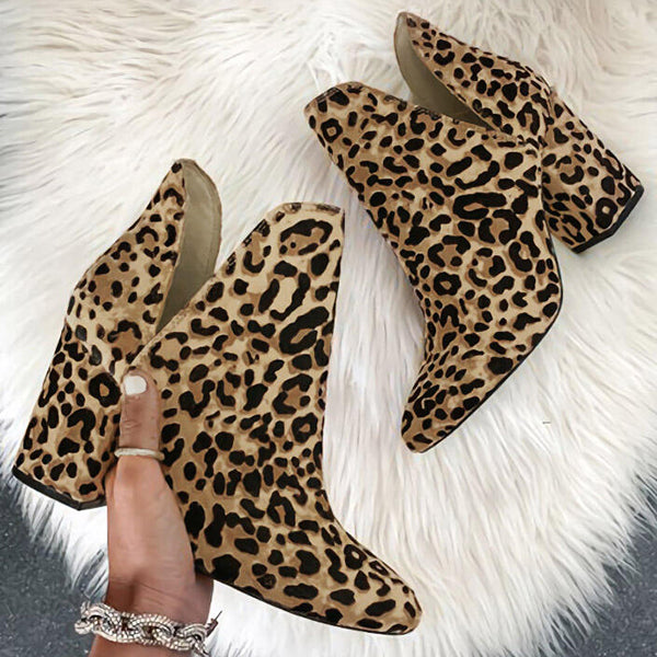 Corashoes Leopard Chunky Heel Ankle Boots