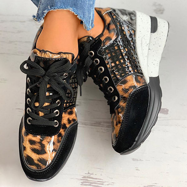 Corashoes Cheetah Print Eyelet Lace-Up Wedge Sneakers