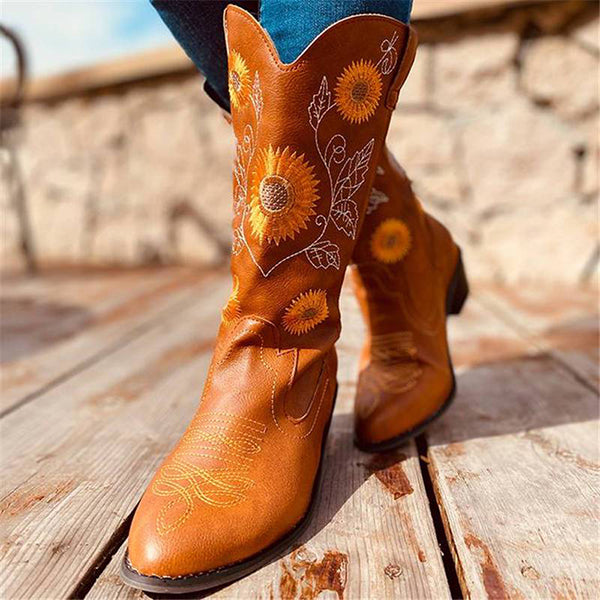 Corashoes Cowboy Sonnenblumen Muster High-top Blockabsatz Slip-on Boots