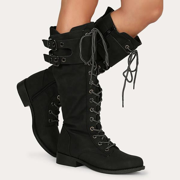 Corashoes Buckled Lace-up Combat Knee High Boots