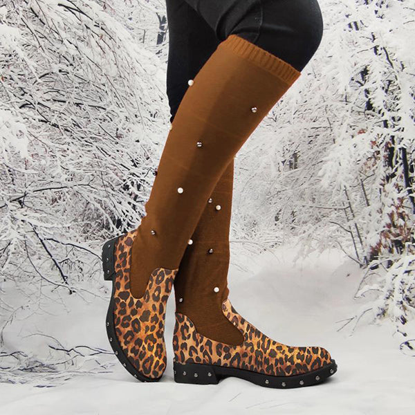 Corashoes Comfortable Knit Sweater Cheetah Low Heeled Boots