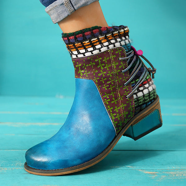 Corashoes Stitching Pattern Back Lace-up Side Zip Boots