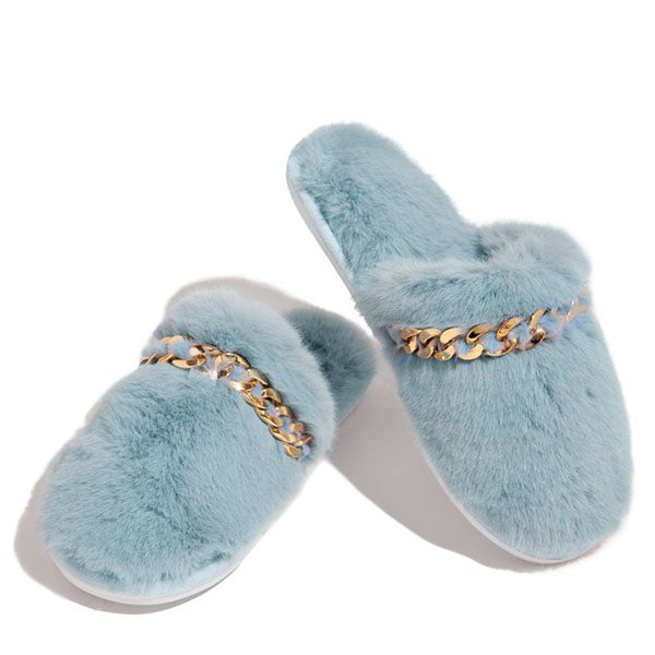 Corashoes Gold-tone Hardware Chain Fur Slippers