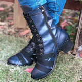 Corashoes Chunky Heel Lacing Side Zipper Lady's Leather Martin Boots