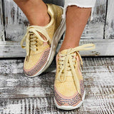Corashoes Women Rhinestone Lace-Up Round Toe Sneakers