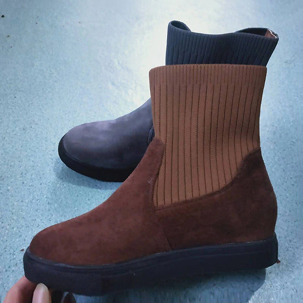 Corashoes Women Simple Artificial Suede Knit Split Joint Platform Wedge Heel Slip On Boots