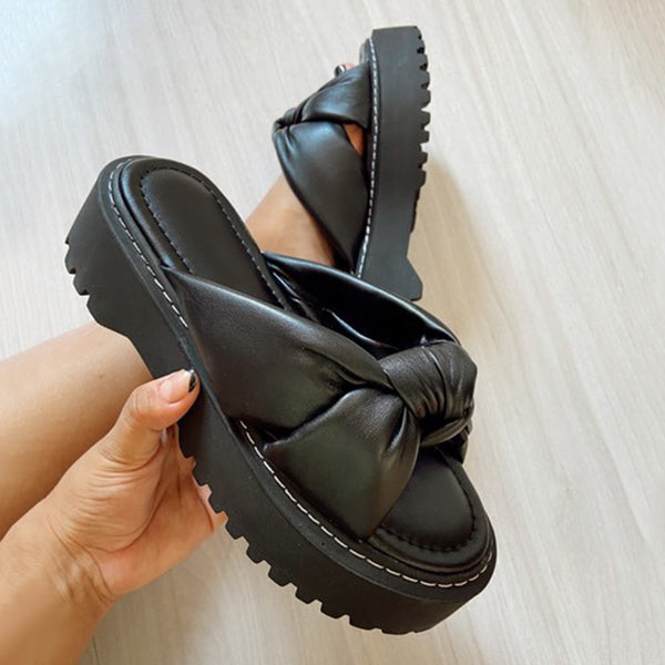 Corashoes Cute Bow Leather Platform Slippers