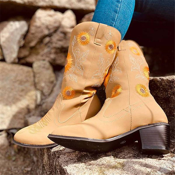 Corashoes Cowboy Sonnenblumen Muster High-top Blockabsatz Slip-on Boots