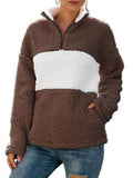 Corashoes Fleece Contrast Color Zipper Pocket Sweater