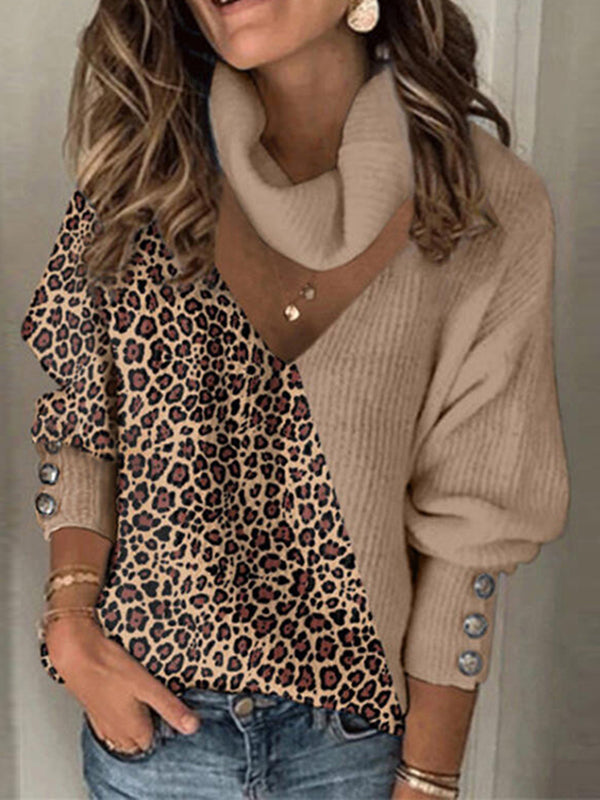 Corashoes Color Block Leopard Turtleneck Casual Sweater