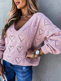 Corashoes Crochet Cut Out V Neck Long Sleeve Knit Sweater