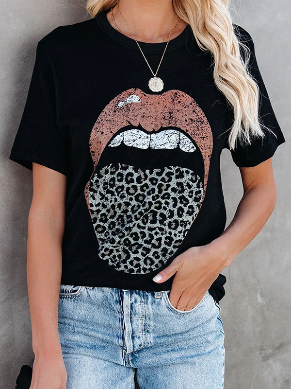 Corashoes Leopard Lip Print Short Sleeve T-Shirt