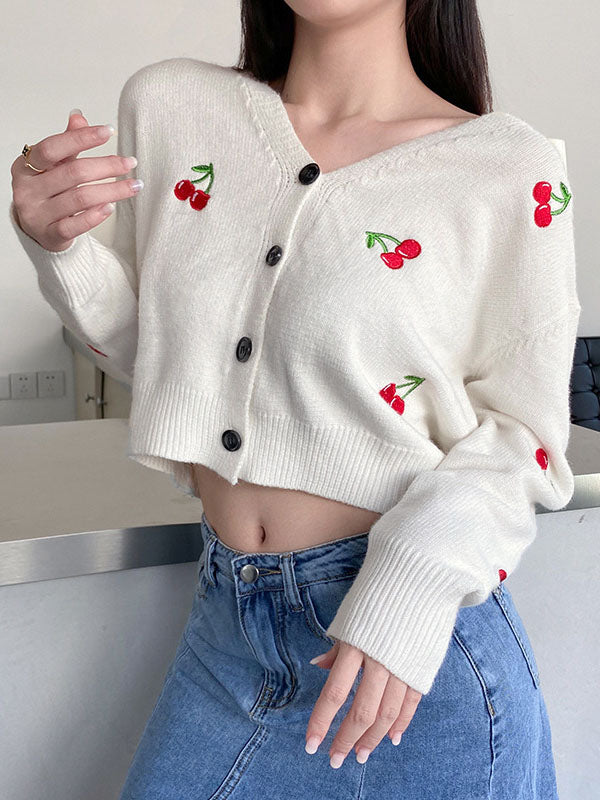 Corashoes Cherry Embroidered V Neck Loose Cardigan Sweater