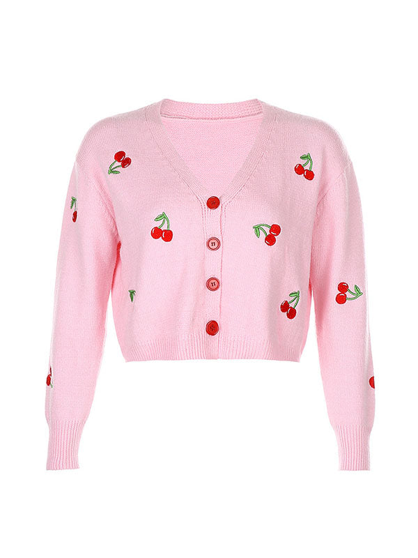Corashoes Cherry Embroidered V Neck Loose Cardigan Sweater