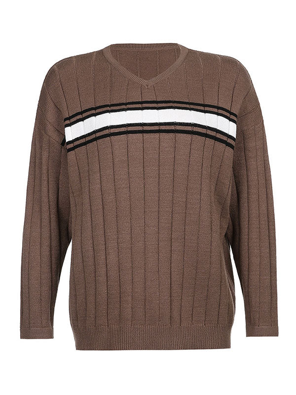 Corashoes Colorblock V-Neck Casual Thin Woolen Sweater