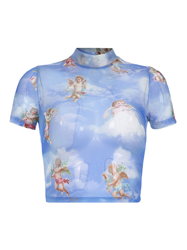 Corashoes Cupid High Neck Print Short T-Shirt