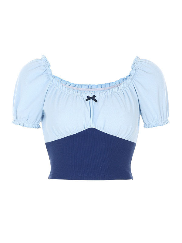 Corashoes Colorblock Revealing Navel Puff Sleeve T-Shirts
