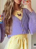 Corashoes Loose Lantern Sleeve V-Neck Shirt Purple Sweaters