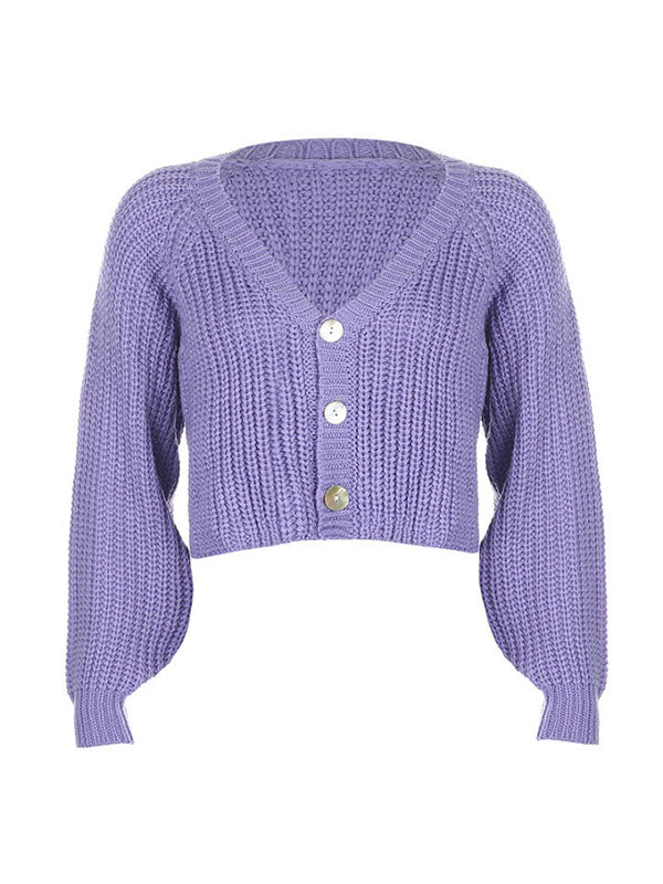 Corashoes Loose Lantern Sleeve V-Neck Shirt Purple Sweaters