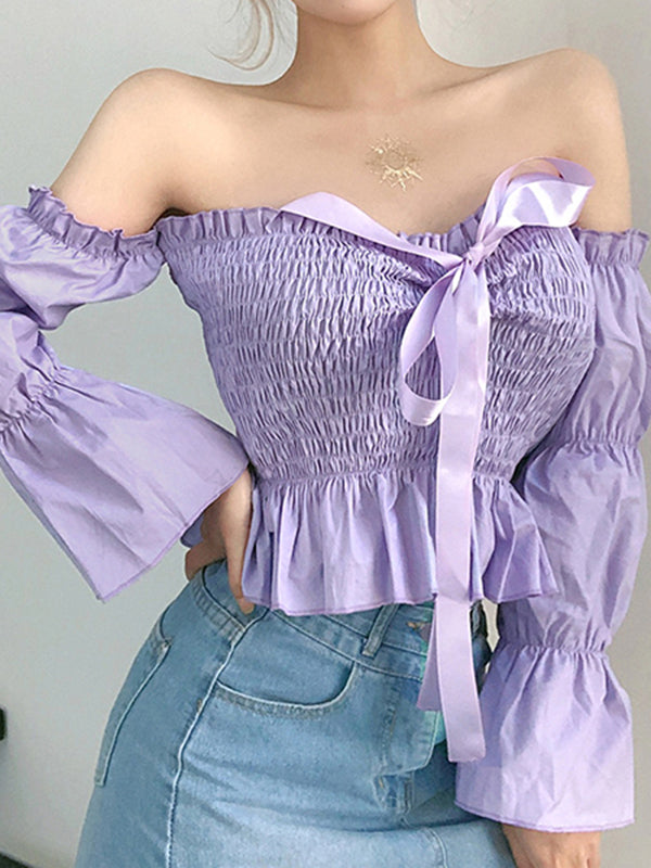 Corashoes French Style Purple Balloon Sleeves Off Shoulder Shirts