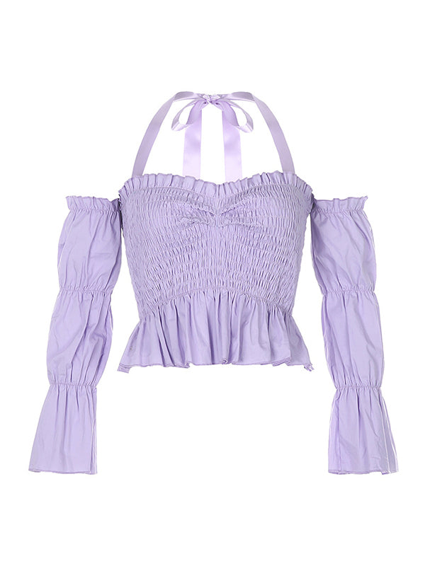 Corashoes French Style Purple Balloon Sleeves Off Shoulder Shirts