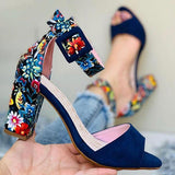 Corashoes Women Fashion Floral Printed Mid Heel Sandals