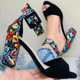 Corashoes Women Fashion Floral Printed Mid Heel Sandals