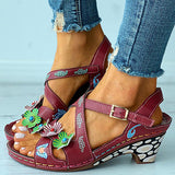 Corashoes Floral Pattern Bandage Cutout Chunky Sandals