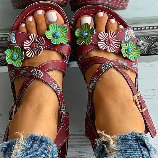 Corashoes Floral Pattern Bandage Cutout Chunky Sandals