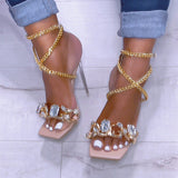 Corashoes Noble Gold Chain Large Crystal High Heel Sandals