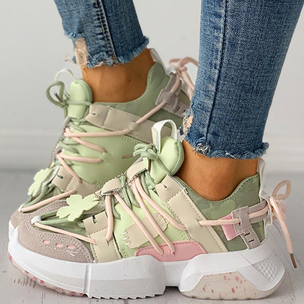 Corashoes Floral Pattern Decor Colorblock Lace-Up Sneakers