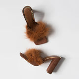 Corashoes Slip-On Fur Strap Open Squared Toe Chunky Heels