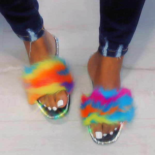 Corashoes Faux Fur Strap Slip-On Sandals