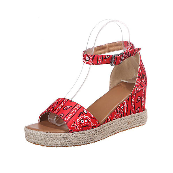 Corashoes Casual Fabric Printed Buckle Wedge Sandals