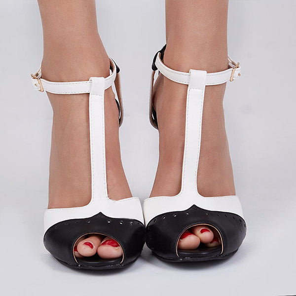 Corashoes Black And White Patchwork T Strap Stiletto Heels