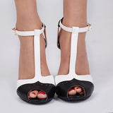Corashoes Black And White Patchwork T Strap Stiletto Heels