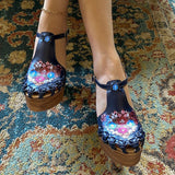 Corashoes T-Print Floral Buckle Wedge Sandals