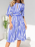 Corashoes Mid-Sleeve Striped High-Waist Lace-Up Dress