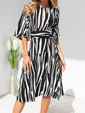 Corashoes Mid-Sleeve Striped High-Waist Lace-Up Dress