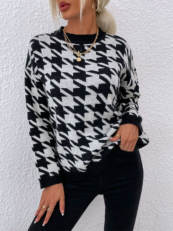 Corashoes Houndstooth Crew Neck Sweaters