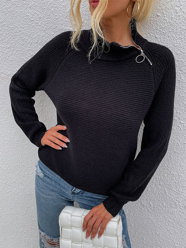 Corashoes Solid Color Turtleneck Zipper Sweaters