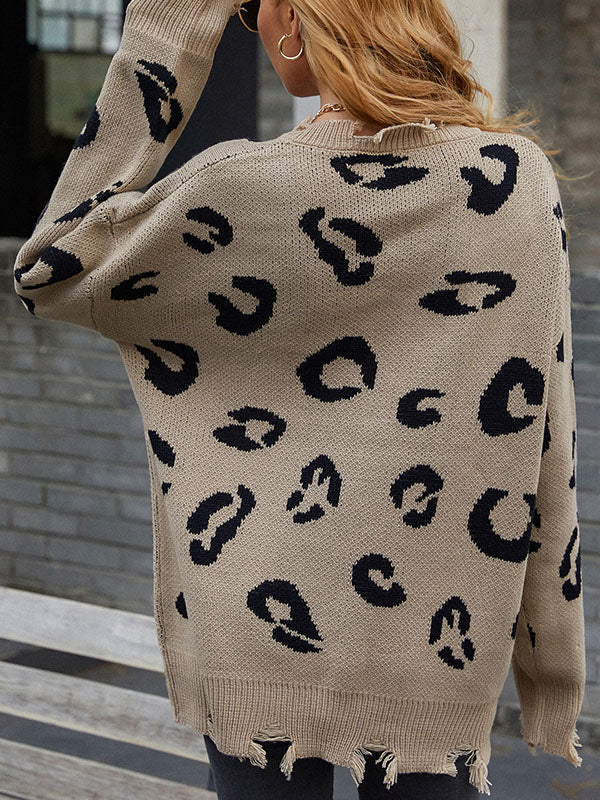 Corashoes Leopard Print Hand-Cut Tassel Sweaters